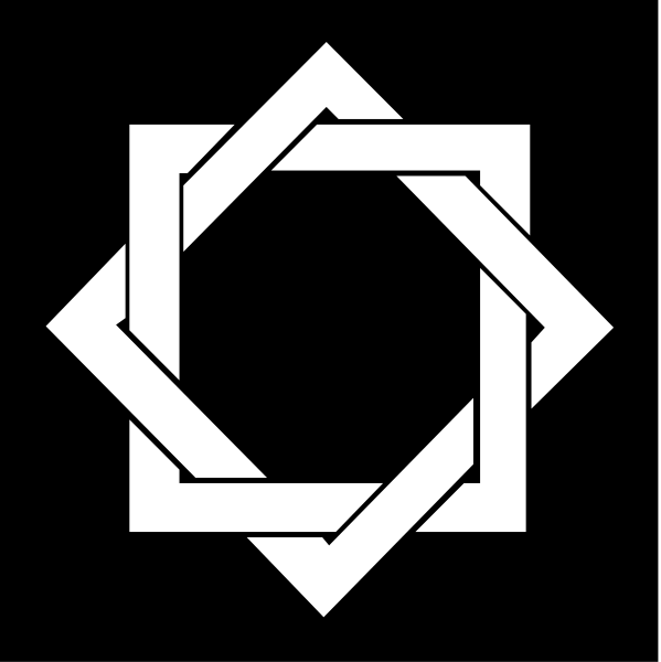 The black and white logo features a stylized design with interlocking lines forming an abstract pattern within a circle.