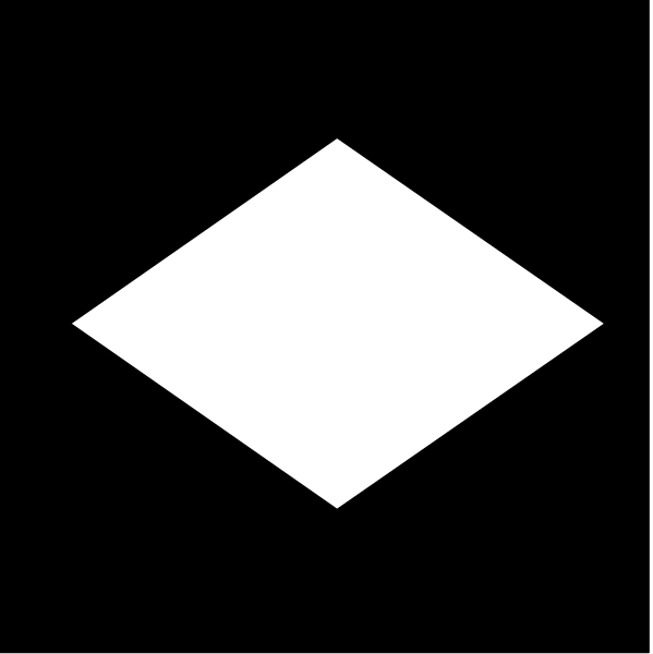 The image shows a black diamond shape with white interior against a dark background on top left corner of another larger square-shaped graphic that is also in monochrome color scheme.