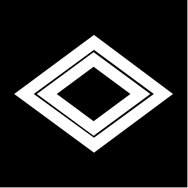 The black and white logo of a diamond shape with lines connecting it to four corners is shown against a dark background.