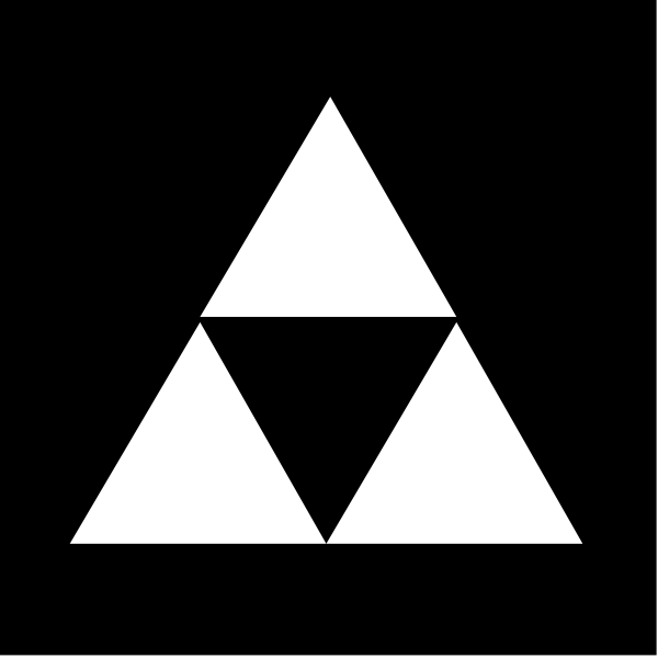 The image shows a black and white logo with an icon that resembles three interconnected triangles forming a shape reminiscent of a mountain peak inside another triangle.