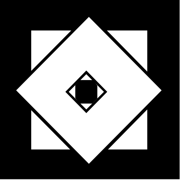 The image shows a black and white logo with an abstract design featuring geometric shapes resembling squares within circles against a square background.