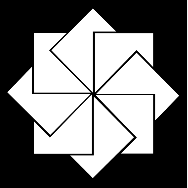 The image shows a black and white logo consisting of two distinct designs: on top is an abstract geometric pattern resembling a stylized flower with six petals; below it to its right side appears as if cut out, revealing another similar design beneath.
