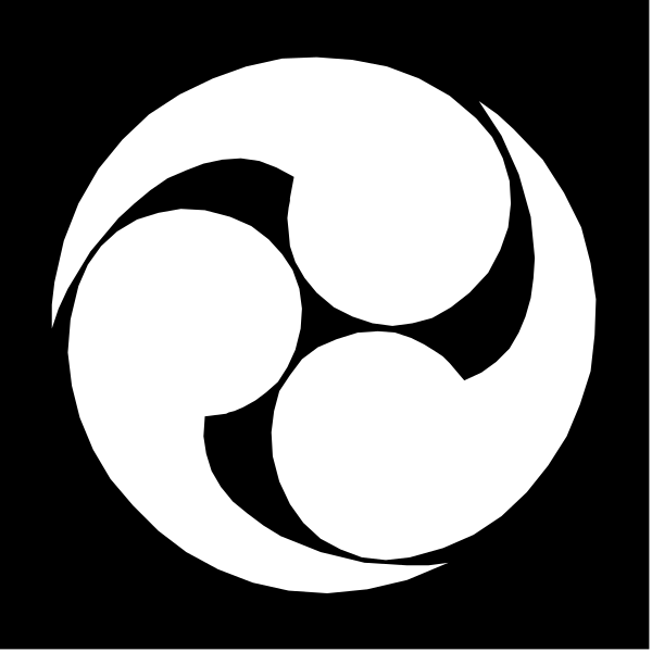 The logo consists of a stylized white swirl design inside an oval shape with three circles at its center on a black background.