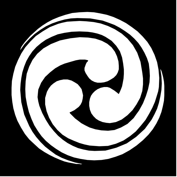The image shows a black and white logo with an intricate design that resembles two intertwined swirls forming a circle around what appears to be three smaller circles within it.
