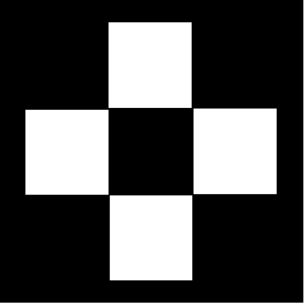 The image shows a black and white pixelated cross symbol on a dark background.