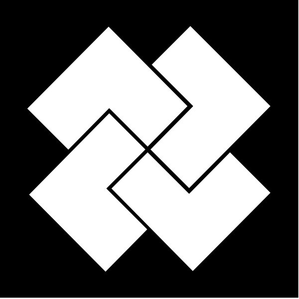 The image shows a black and white logo with an interlocking design resembling a stylized letter 'H' inside it.