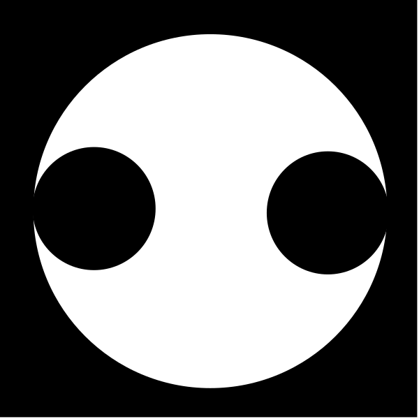 The image shows a black and white icon of an alien head with two large eyes on either side of its face.
