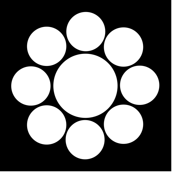 The black and white logo features a stylized flower with six petals arranged around an empty center circle on a dark background.