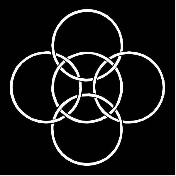 The image shows a black and white logo with three interconnected circles forming an abstract design that resembles a flower-like pattern on a dark background.