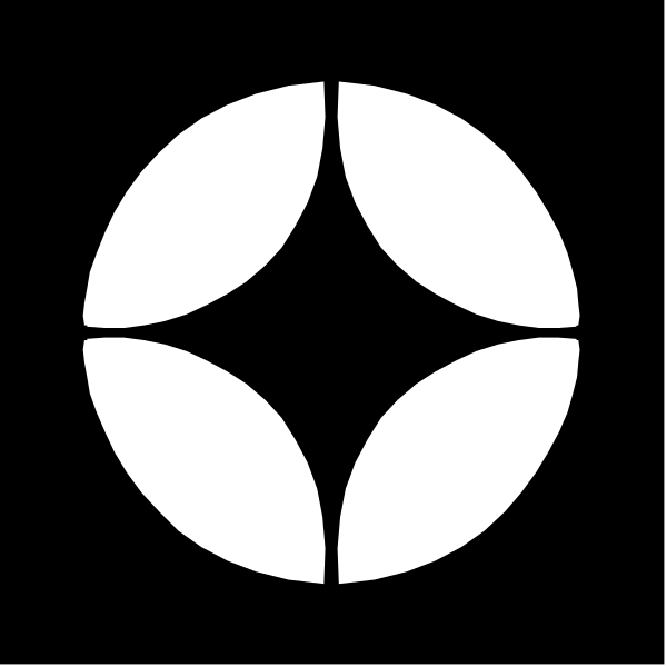 The black and white logo of a company with an emblem that resembles a compass rose inside it.