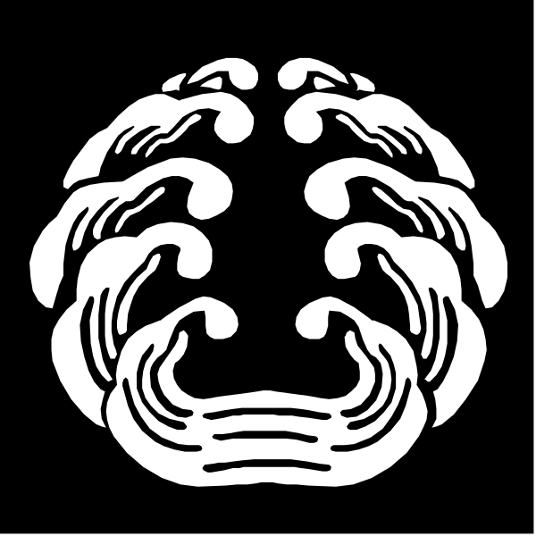The black and white logo features a stylized design that resembles waves with swirls on top of each other in an abstract manner within two circles connected by lines forming a shape reminiscent of leaves, set against a dark background.