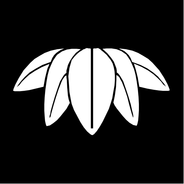 The black and white logo of a leaf with five points on it against a dark background.