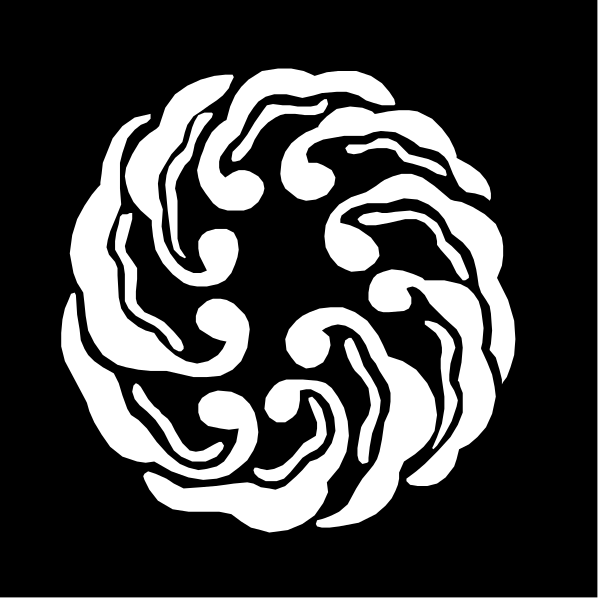 The black and white logo features a stylized swirl design with intricate patterns resembling abstract shapes within it.