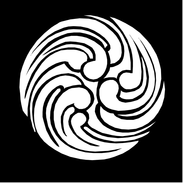 The black and white logo features a stylized swirl design with three interconnected loops resembling an abstract representation of waves or energy flow within a circular boundary on a dark background.