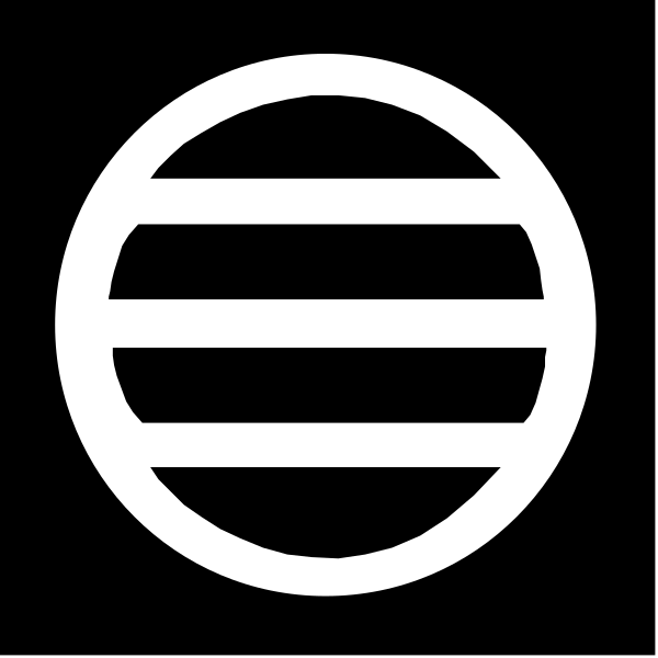 The image shows a black and white logo with an icon that resembles a globe inside of two concentric circles connected by lines at their ends.