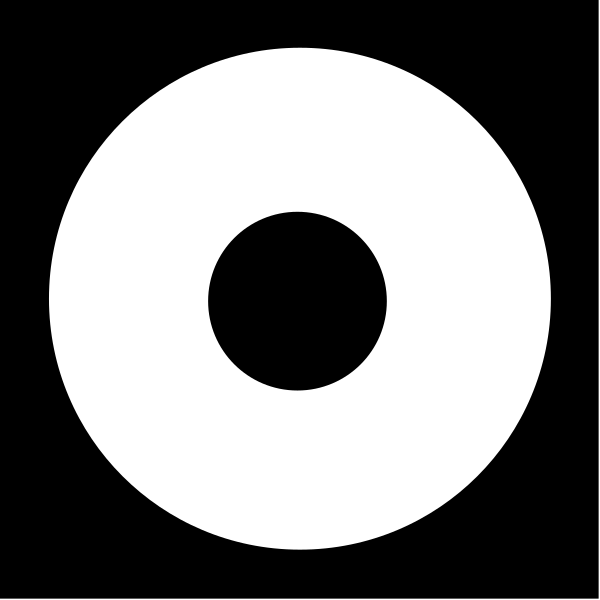The image shows a simple black and white logo with an oval shape that has a dot at its center.