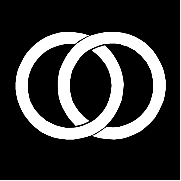 The image shows a black and white logo with two interlocking rings forming an emblem that is often associated with marriage or partnerships.