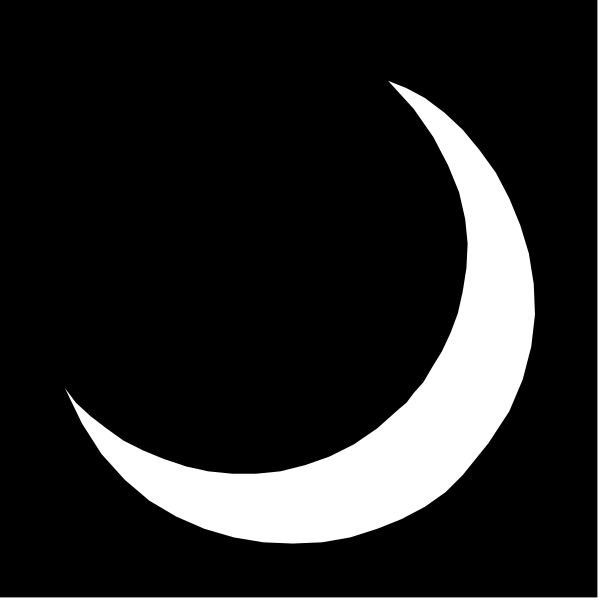 The black silhouette of a crescent moon against an empty background.