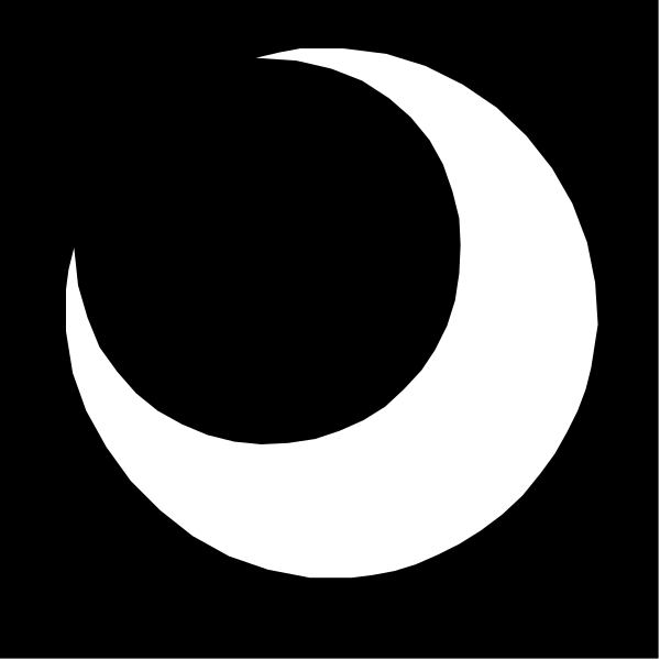 The image shows a white crescent moon on black background with no additional details visible due to its small size.