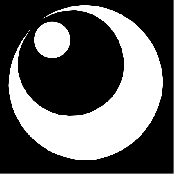 The image shows a black and white logo with an abstract design resembling two interconnected circles forming what appears to be a stylized letter 'O'.