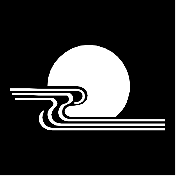 The black and white logo features a stylized depiction of an ocean wave with a sunset silhouette on top right corner against dark background.