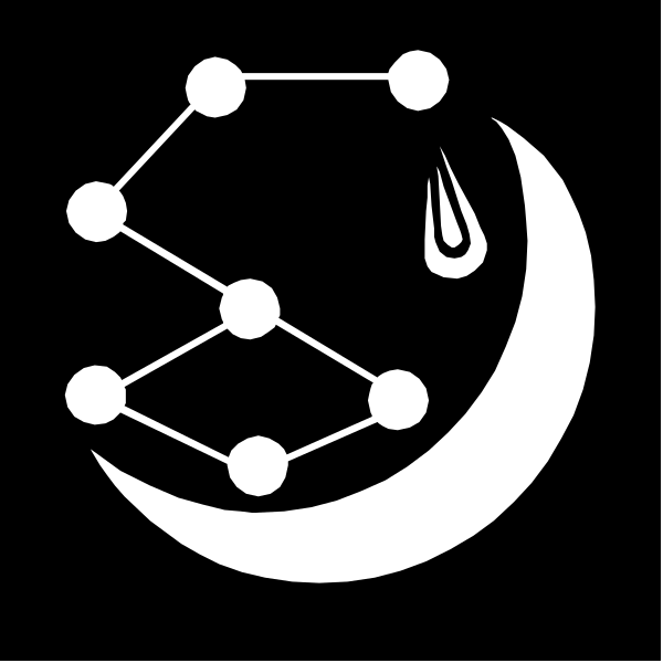 The logo features a black crescent moon with white stars on it to its left side; above this is an arrangement of six interconnected circles representing atoms in chemical bonding formation, each containing one atom symbolized by dots and lines connecting them; below these atomic structures lies another circle that appears as the silhouette of a house or building.