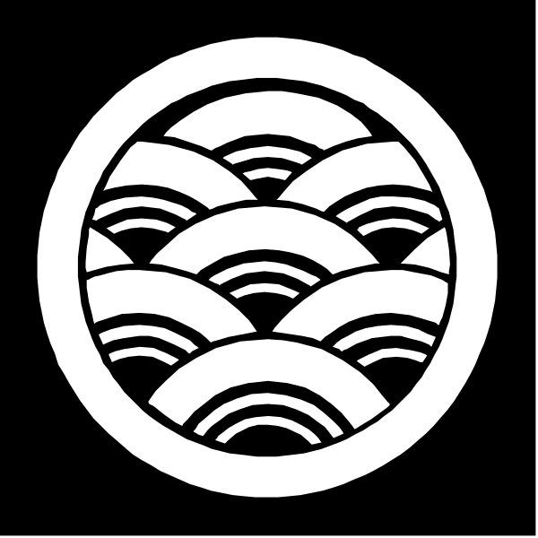 The image shows a black and white logo with an abstract design that includes waves resembling soundwaves emanating from what appears to be a central point atop two intertwined circles forming a pattern reminiscent of water, all set against a dark background.