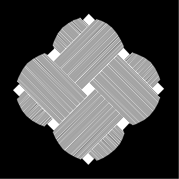The image shows a black and white pattern consisting of interlocking shapes that resemble tiles with different shades within each tile forming an intricate design on what appears to be a dark background.