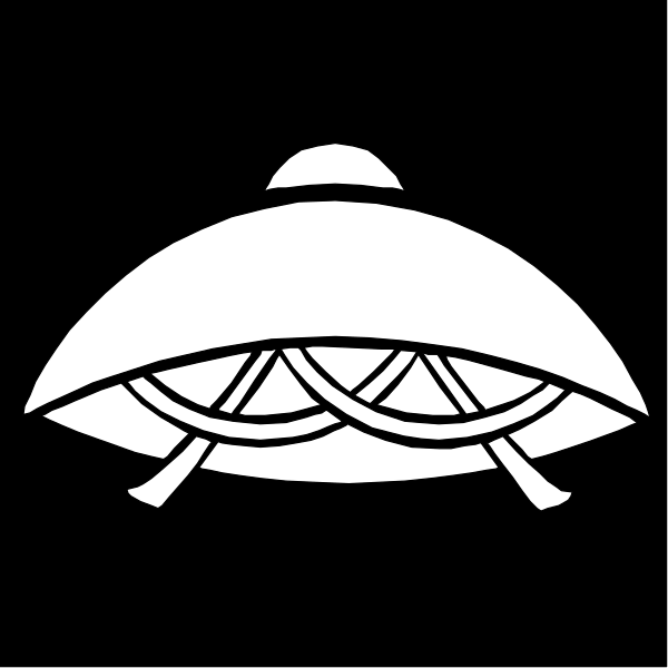 The black and white illustration shows two flying saucers with a design on top of each that resembles an alien face; one is larger than the other.