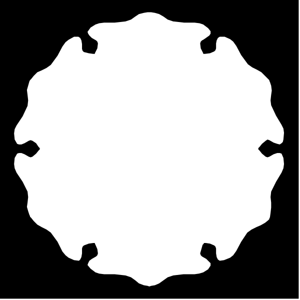 The image shows a black and white circular emblem with intricate designs inside it against a dark background.