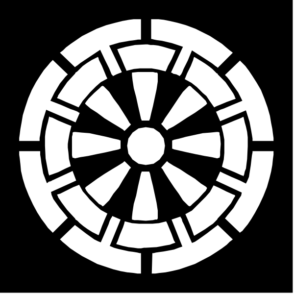 The black and white logo of a compass rose with eight points around it on an emblematic background.