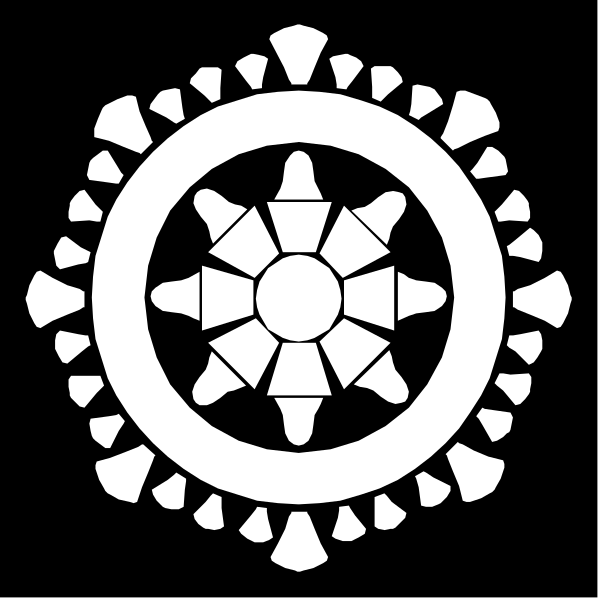 The image shows a black and white symbol that resembles an emblem with intricate patterns around it; at its center is what appears to be a stylized flower-like design surrounded by multiple smaller shapes, possibly petals or leaves.
