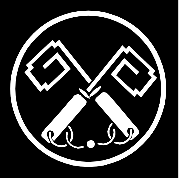 The black and white logo features a stylized depiction of two crossed axes with three fish swimming around them at the bottom center.