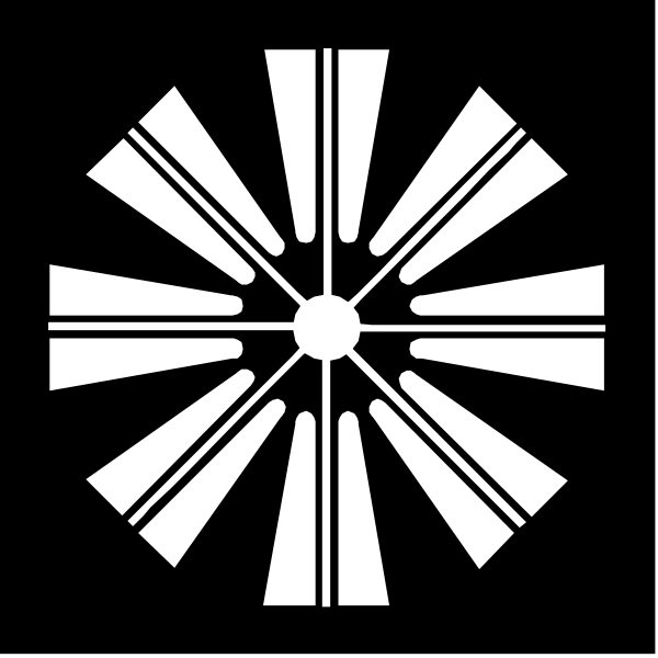 The black and white logo of a compass rose with rays emanating from it is shown against a dark background.