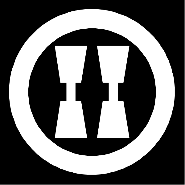 The black and white logo features a stylized depiction of two interconnected arrows forming an abstract symbol that resembles musical notes with three lines each; above this emblem is a circular icon containing what appears to be a pair of glasses, suggesting it might represent vision or optics.