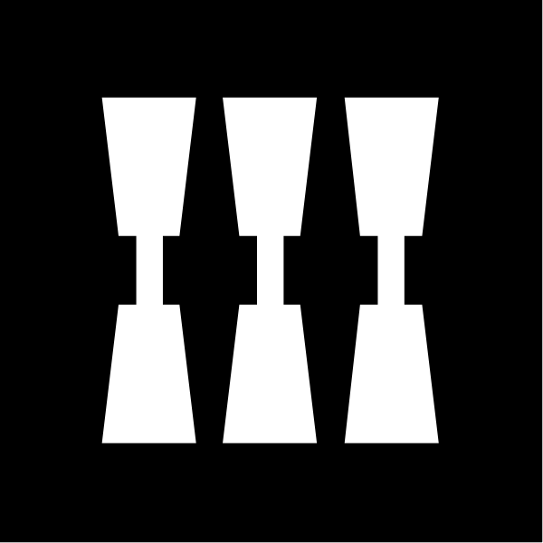 The black and white logo features a series of four abstract shapes resembling musical notes with stems on top against an untextured background.