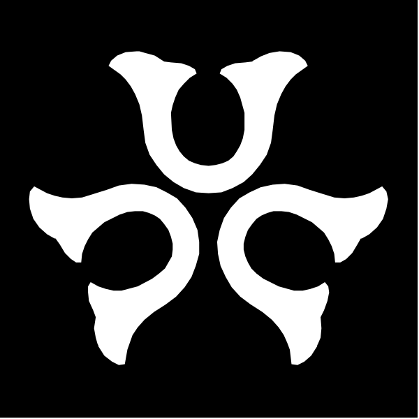 The image shows a black and white logo with an intricate design that includes what appears to be stylized lettering resembling "U" inside of another shape which could represent a shield or emblem, all within a circular border.