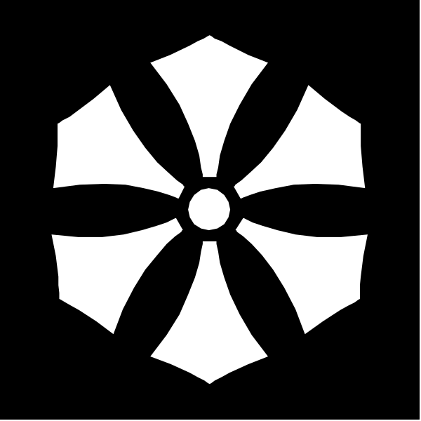 The image shows a black and white logo with an emblem that resembles a shield featuring eight rays extending from its center to form what appears like a cross-like shape within it.