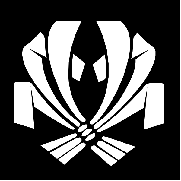 The image shows a black emblem with white lines that form an abstract design resembling stylized hands clasped together in front of what appears to be a shield-like shape at its center.