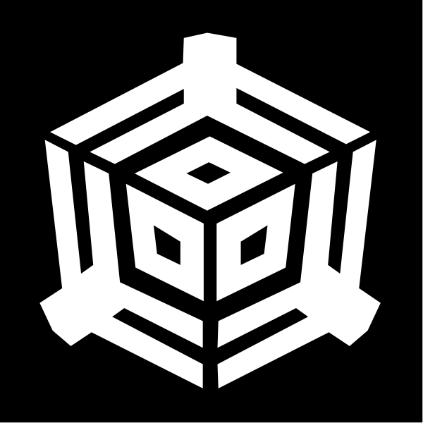 The image shows a black and white logo with an abstract design that resembles three interconnected hexagons forming a cube-like structure within another larger square shape.