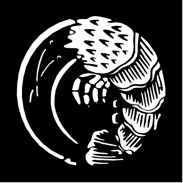 The black and white illustration shows a stylized depiction of an octopus with its tentacles curled around what appears to be a circular object that could represent either another creature's head or some sort of abstract design, set against a dark background.