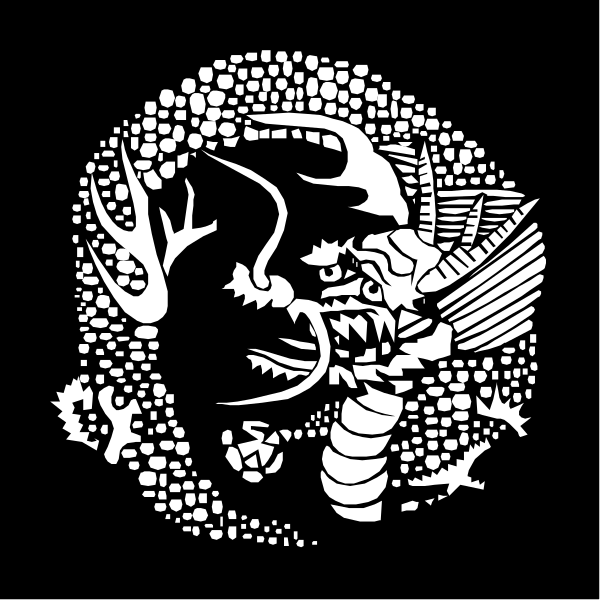 The black and white illustration features a dragon with wings spread out inside an intricate circular design that resembles a stylized sea creature's head on its back.