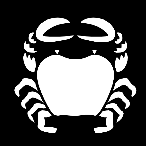 The black and white logo features a scalloped shell with an apple inside it on top of two crossed claws forming a crab shape against a dark background.