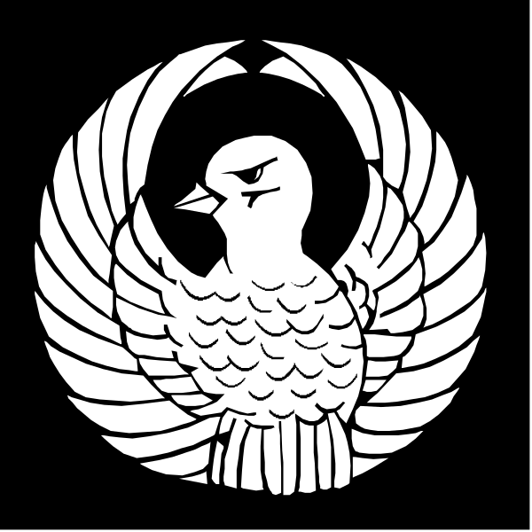The black and white logo features a stylized eagle with wings spread wide above its head on either side of an emblem that resembles a shield-like design in between two feathers atop each other, symbolizing power or authority; below this is another bird perched confidently.