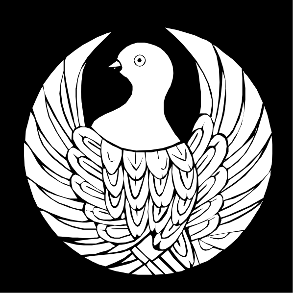 The black and white illustration shows a stylized dove with outstretched wings inside an oval border that has feather-like patterns on its sides.