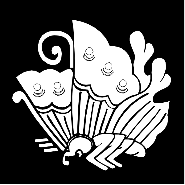 The black and white illustration shows a stylized peacock with its feathers spread out against an unadorned background.
