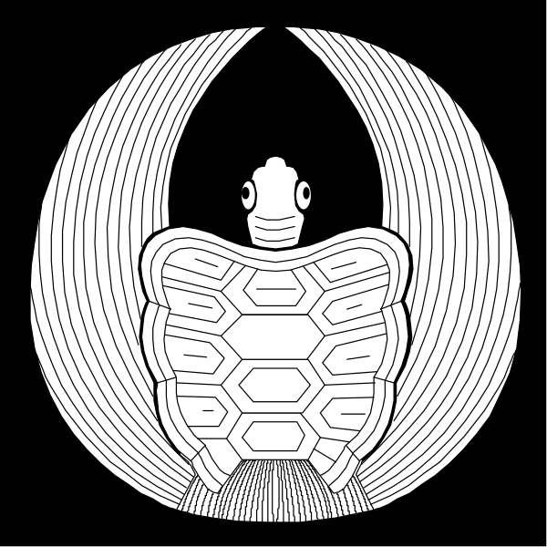 The black and white illustration features a stylized depiction of an angel with wings on either side standing upright against a dark background.