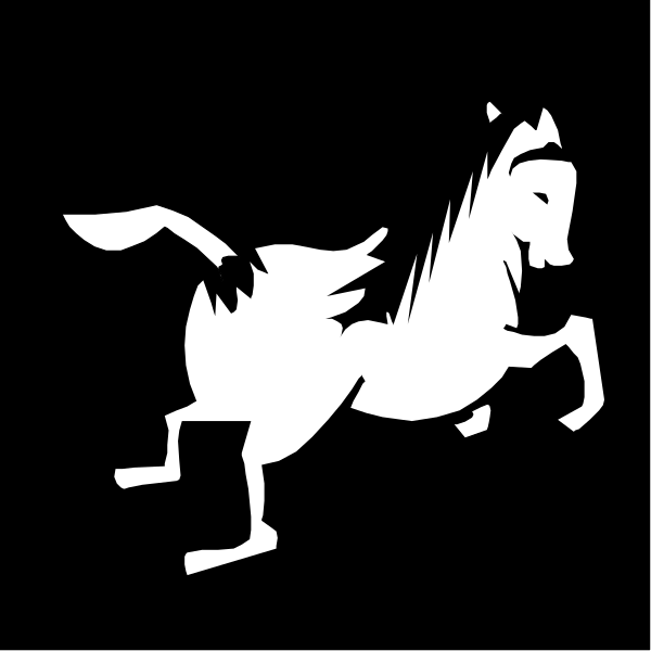 The black silhouette of a horse galloping on an unseen surface with its head turned to look back over its shoulder.