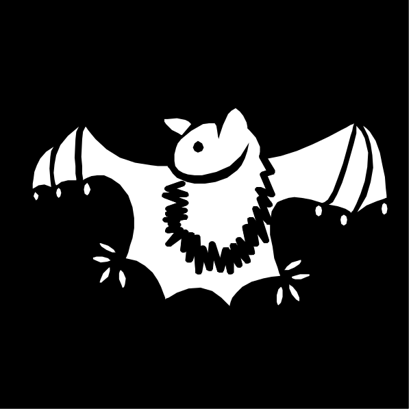 The black and white illustration features a bat with wings spread wide against an unseen background; it is adorned with what appears to be decorative elements such as flowers on its body and necklace around its waist, giving it a festive appearance reminiscent of Halloween or Day of the Dead celebrations.