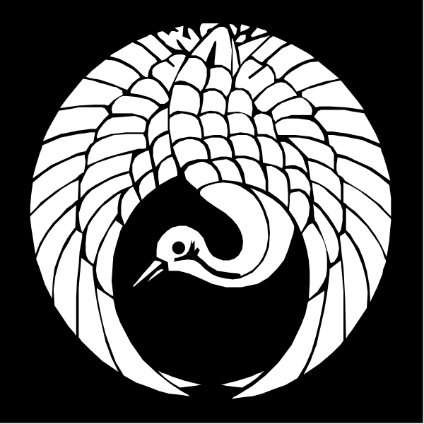 The black and white logo features a stylized peacock with its feathers spread out around it on either side of an emblem that resembles two crossed swords forming a circle at their intersection, symbolizing balance or harmony between opposing forces.